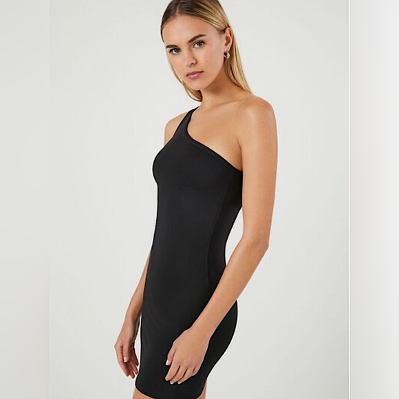 Forever 21 NWT Black Contour Sculpt One-Shoulder Mini Jersey Dress Sz M - Picture 4 of 6
